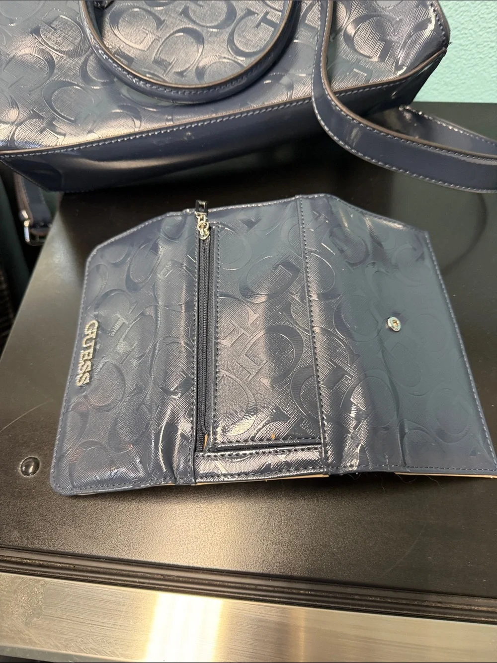 GUESS Navy Embossed Signature Satchel with Matching Wallet